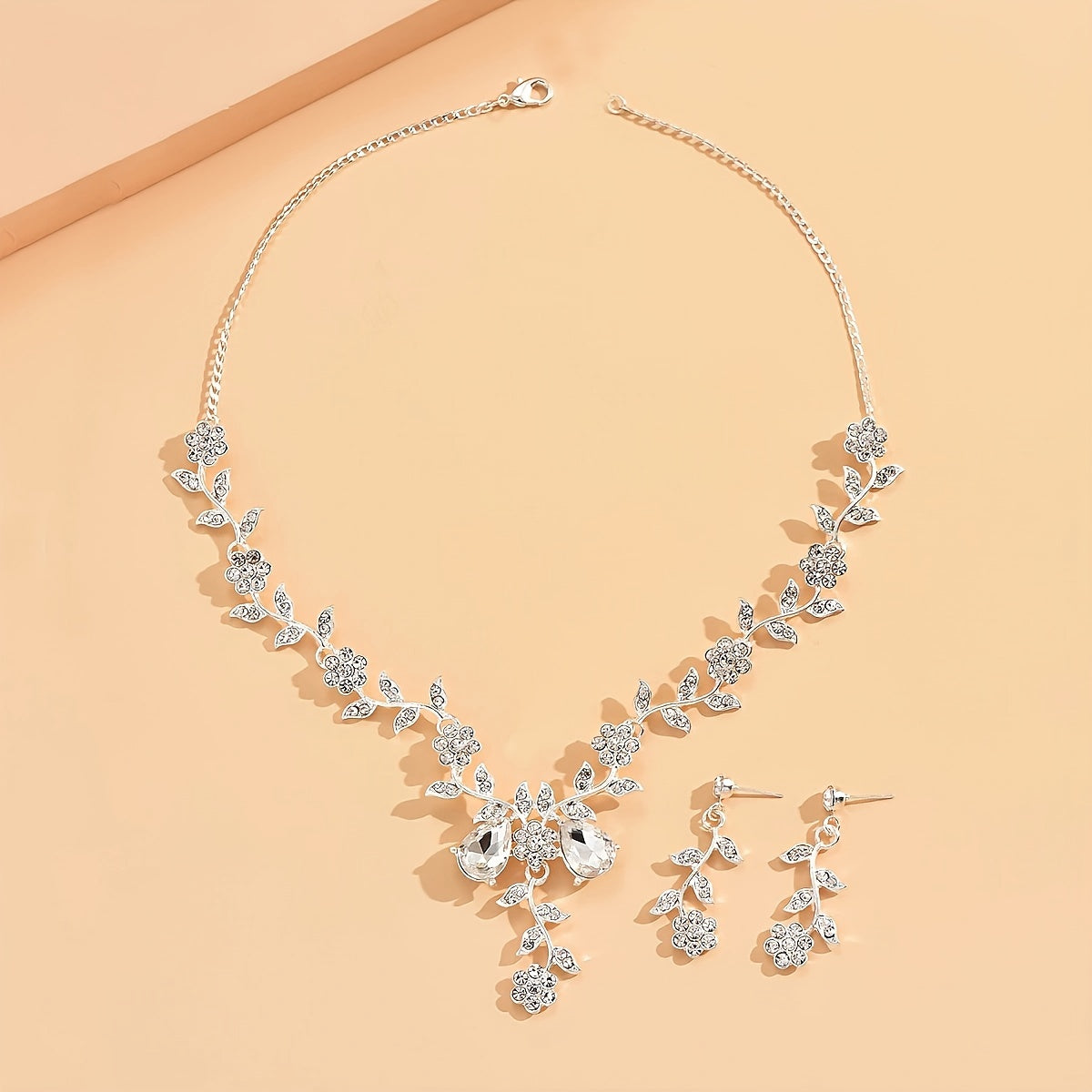 3pcs Earrings Plus Necklace Elegant Jewelry Set Inlaid Sining Zircon Dainty Flower Design Silvery Or Golden Make Your Call Evening Party Decor - Veloxea