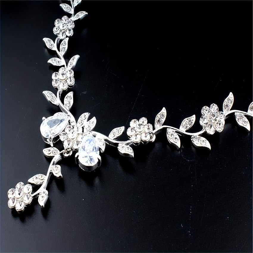 3pcs Earrings Plus Necklace Elegant Jewelry Set Inlaid Sining Zircon Dainty Flower Design Silvery Or Golden Make Your Call Evening Party Decor - Veloxea