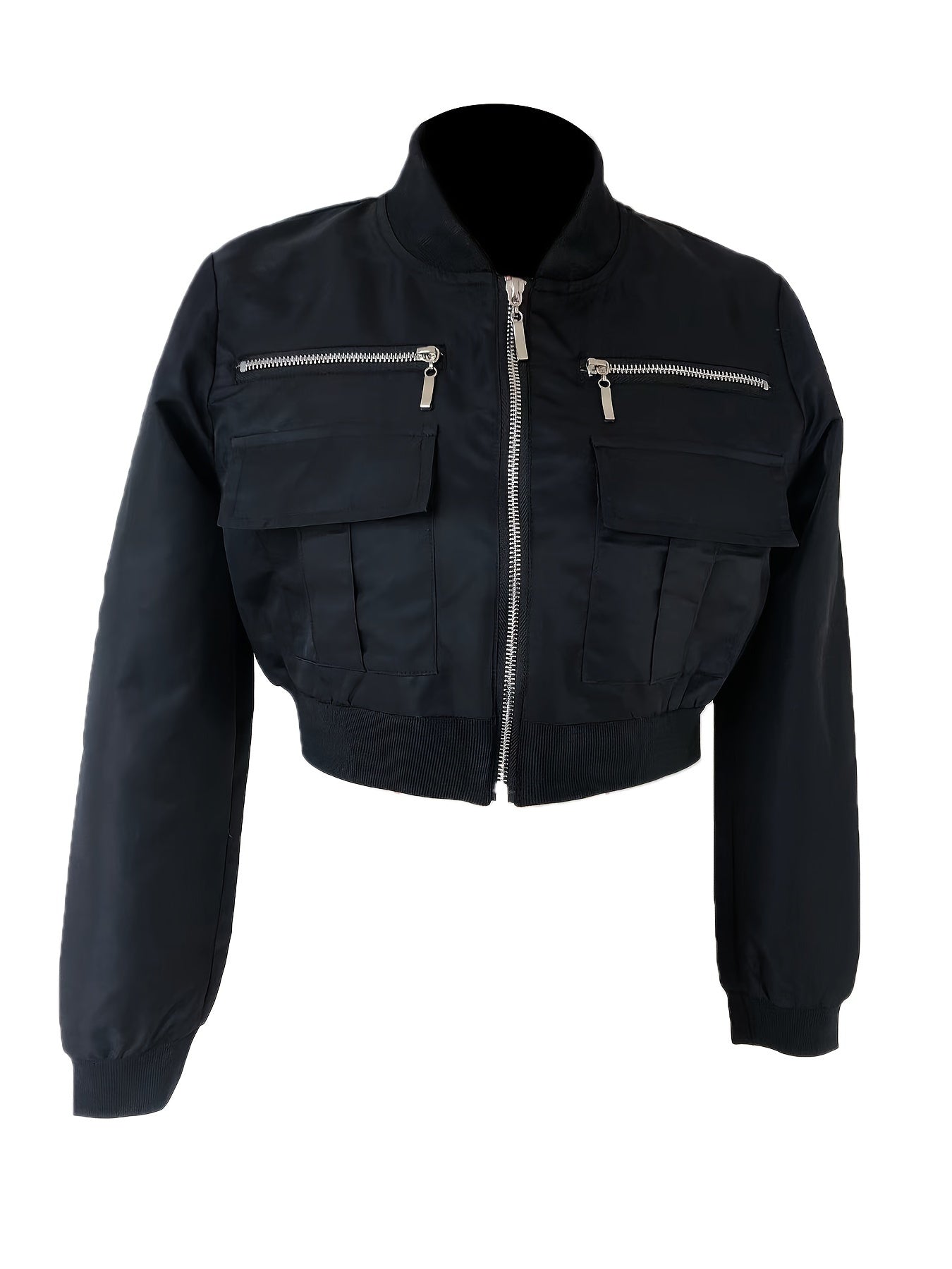 Zipper Solid Crop Jacket, Y2K Long Sleeve Jacket For Spring & Fall, Women's Clothing - Veloxea