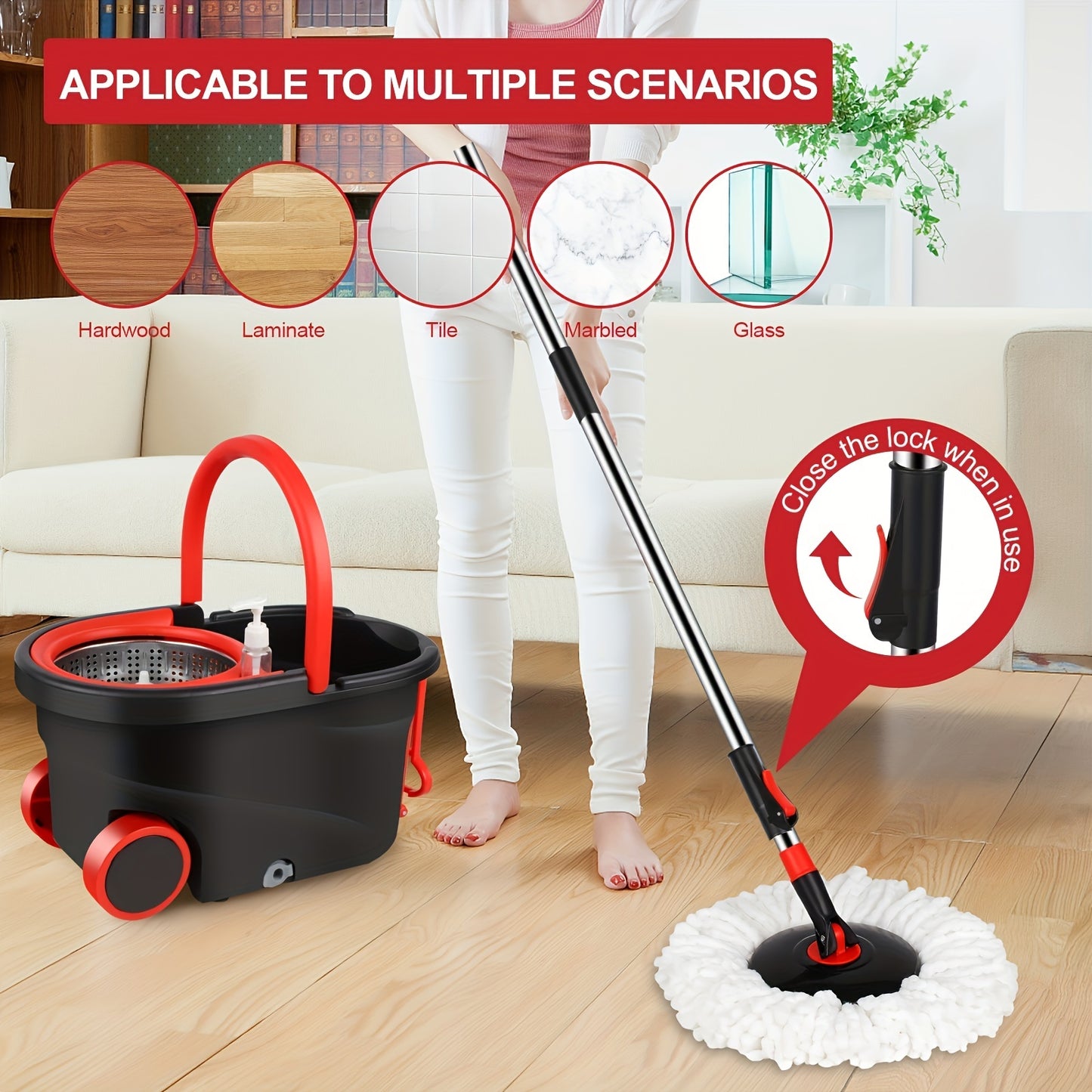 Spin Mop and Bucket with Wringer Set on Wheels, 360° Spinning Mop Bucket System with 3 Microfiber Mop Replacement Heads - Veloxea