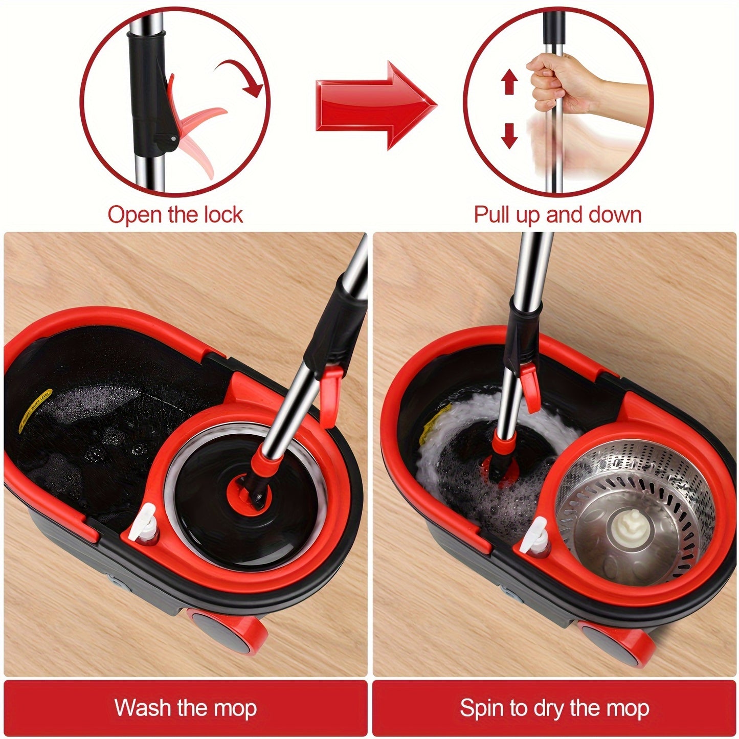 Spin Mop and Bucket with Wringer Set on Wheels, 360° Spinning Mop Bucket System with 3 Microfiber Mop Replacement Heads - Veloxea