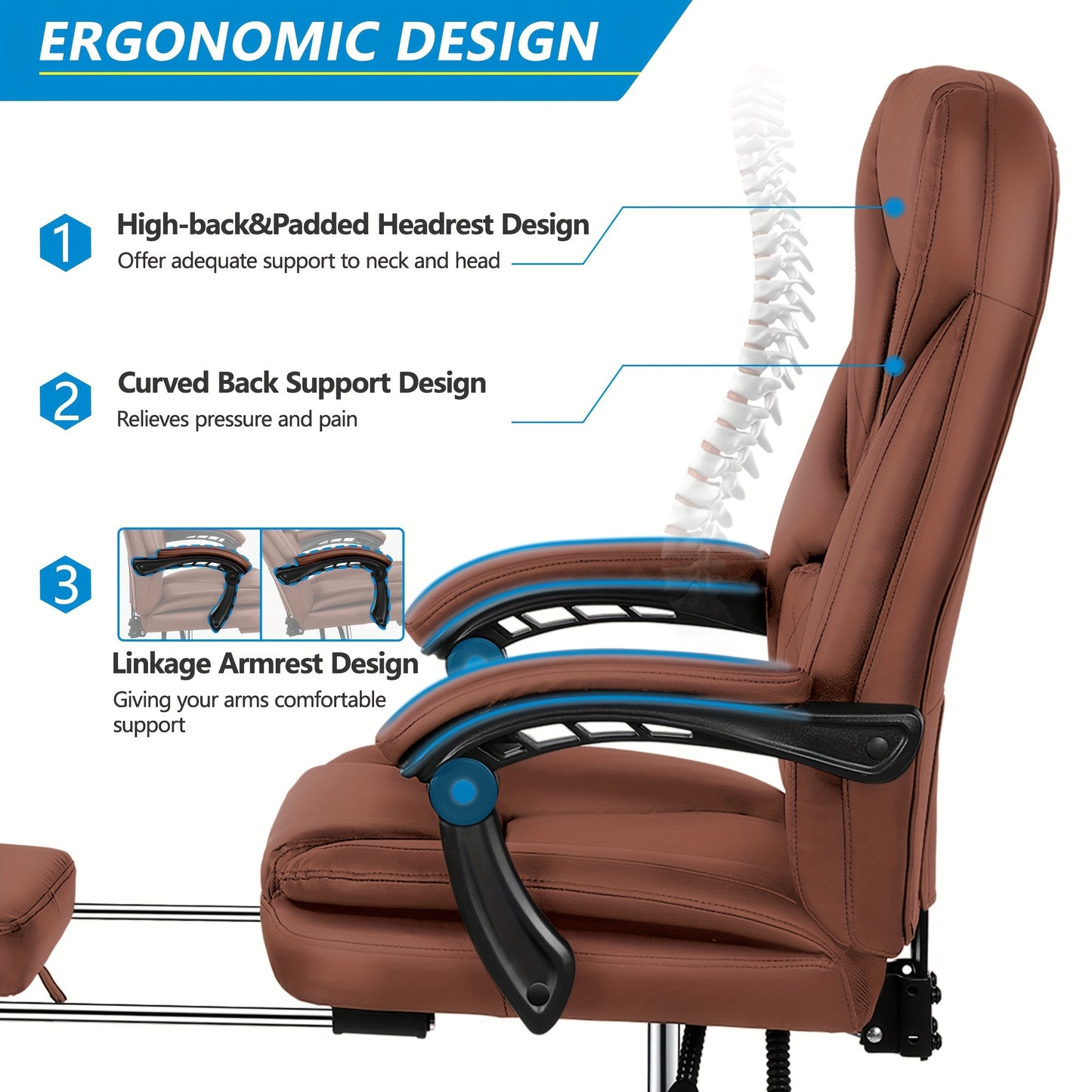 Actflame Executive Office Chair with Footrest, Big and Tall Reclining Leather Chair, High Back Ergonomic Desk Computer Game Chair for Home Office - Veloxea