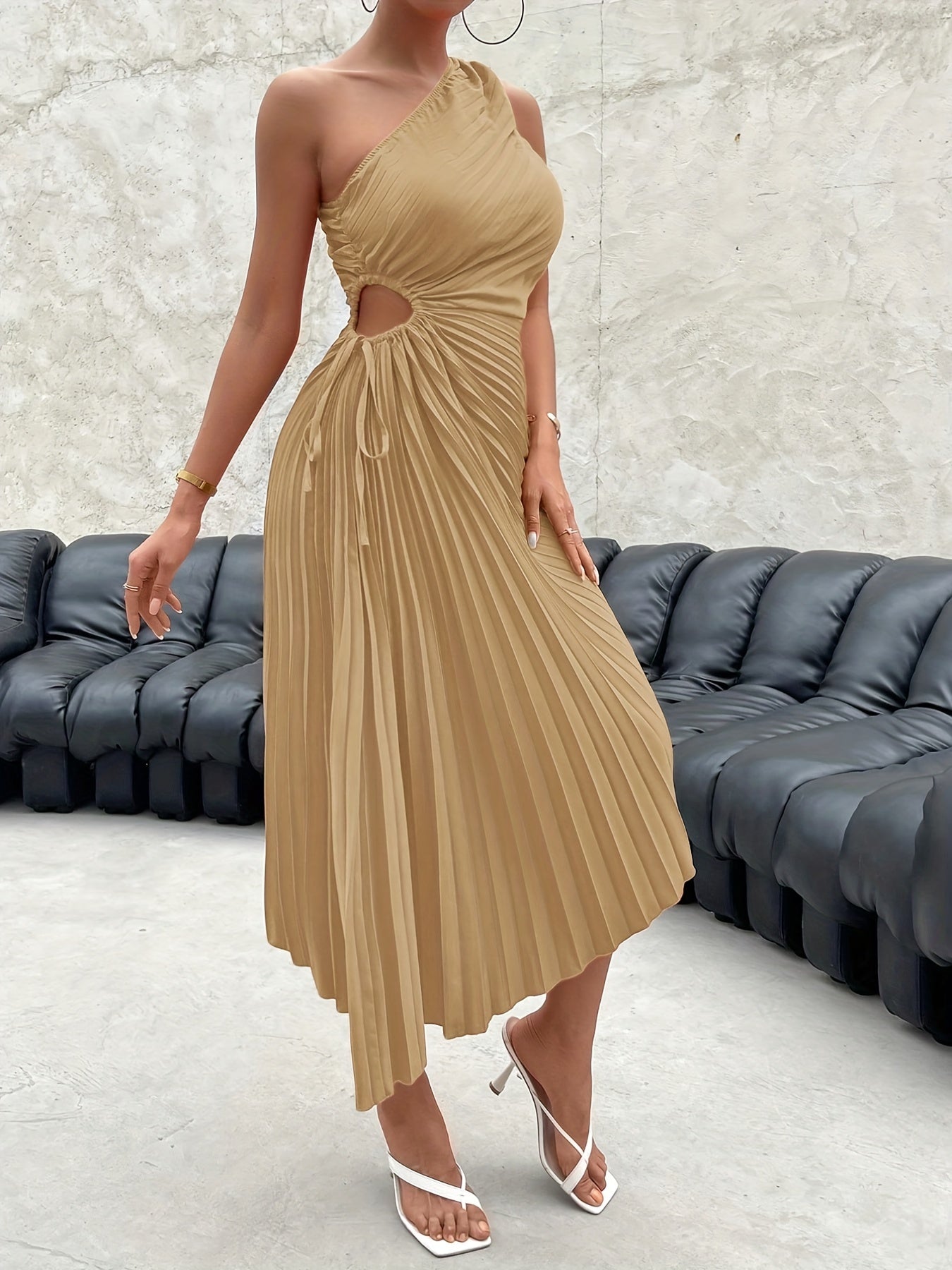 One Shoulder Pleated Dress, Elegant Cut Out Drawstring Sleeveless Dress, Women's Clothing For Party Dressing