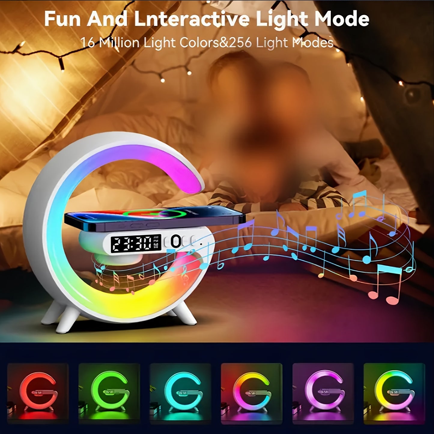 Wireless Speakers With Wireless Fast Charging, Rhythm RGB Light, Bar Smart Light, Sunrise Alarm Clock, Wake Up Light For Bedrooms, Dimmable Table Lamp. - Veloxea