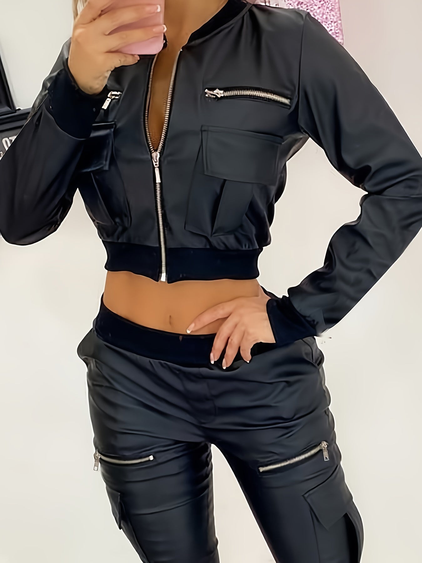 Zipper Solid Crop Jacket, Y2K Long Sleeve Jacket For Spring & Fall, Women's Clothing - Veloxea