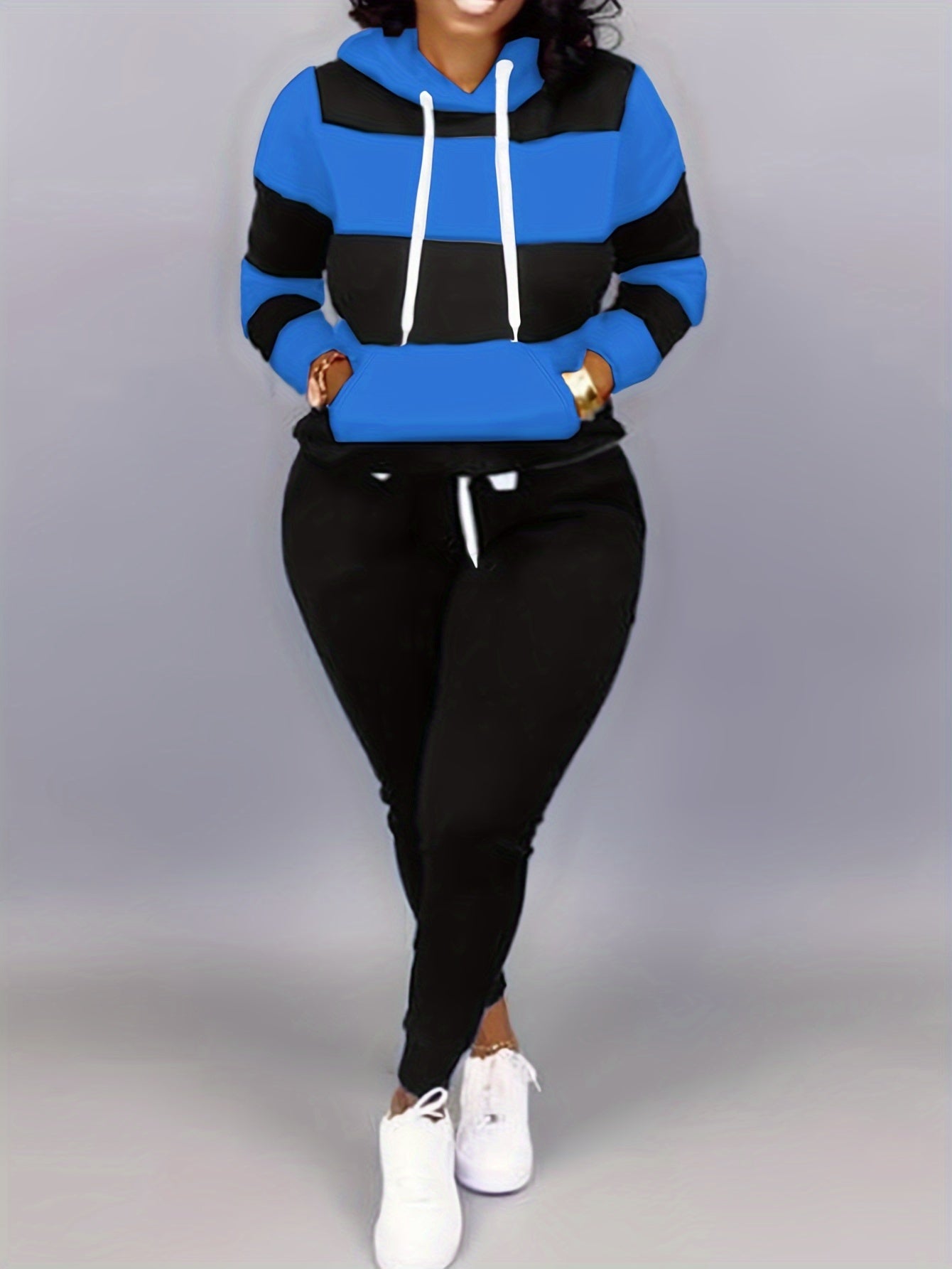 Plus Size Casual Outfits Two Piece Set, Women's Plus Colorblock Stripe Print Long Sleeve Drawstring Hoodie Sweatshirt & Joggers Outfits 2 Piece Set
