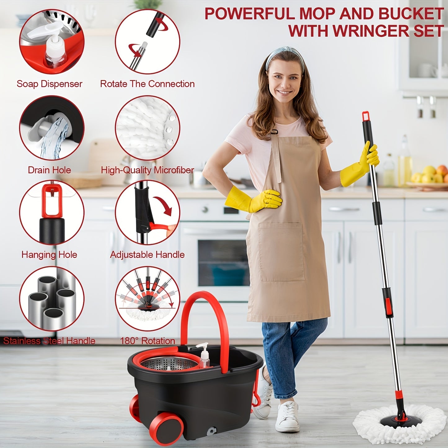 Spin Mop and Bucket with Wringer Set on Wheels, 360° Spinning Mop Bucket System with 3 Microfiber Mop Replacement Heads - Veloxea