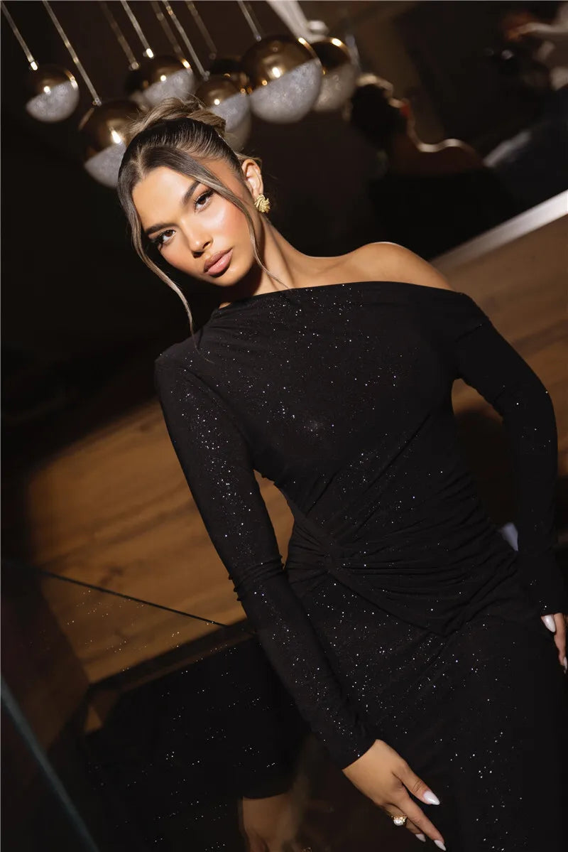 Sparkle Long Sleeve Sexy Maxi Dress For Women Inclined Shoulder Backless Bodycon Ruched Club Party Sexy Long Dress