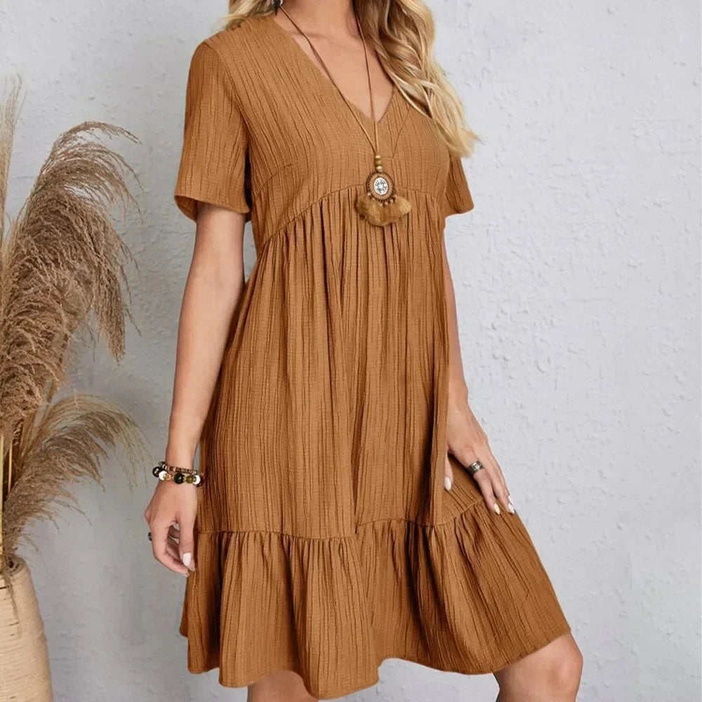Women Summer Peplum Dresses V-Neck Short Sleeve Loose Waist Ruffle Fit Flare
