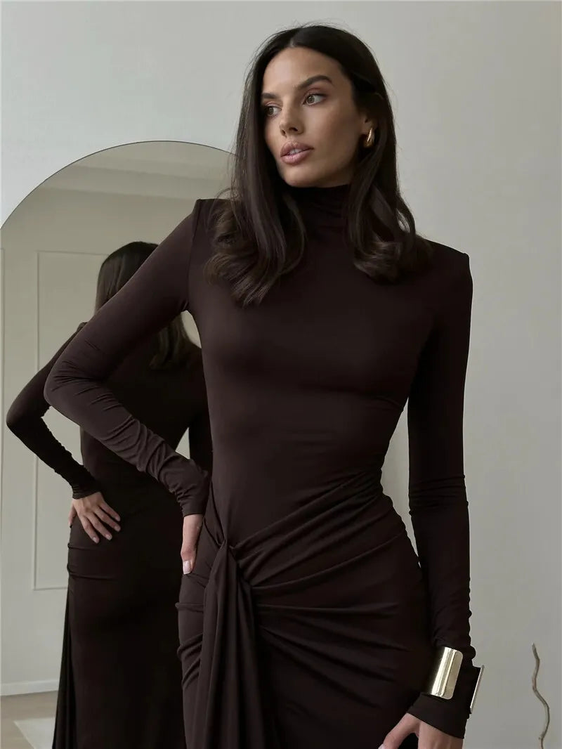 Turtleneck Thigh High Split Sexy Maxi Dress For Women Fashion Long Sleeve Draped Bandage