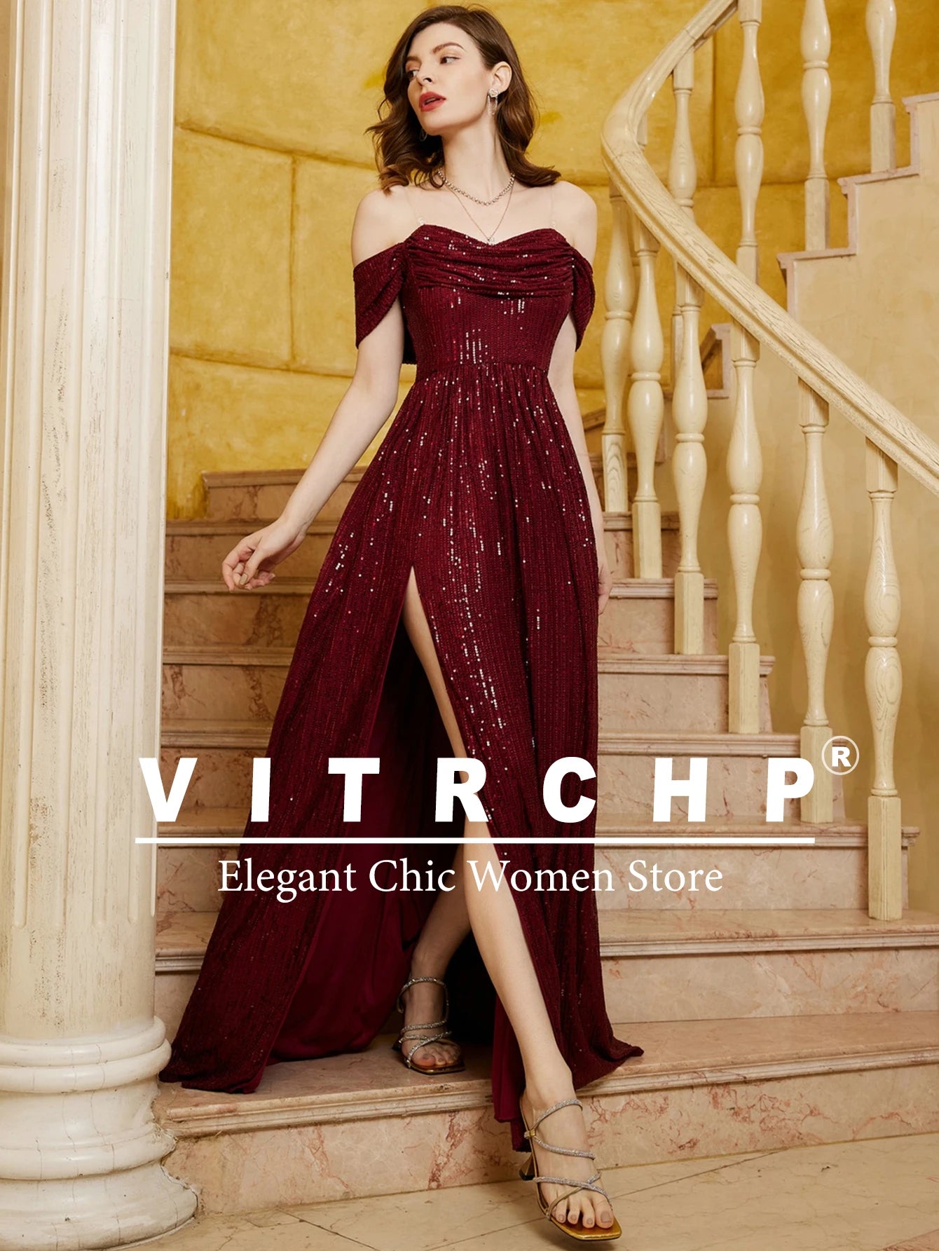 VITRCHP Luxury Evening Dress A-Line Floor Length Backless Split Sequins Long Prom Cocktail Dress