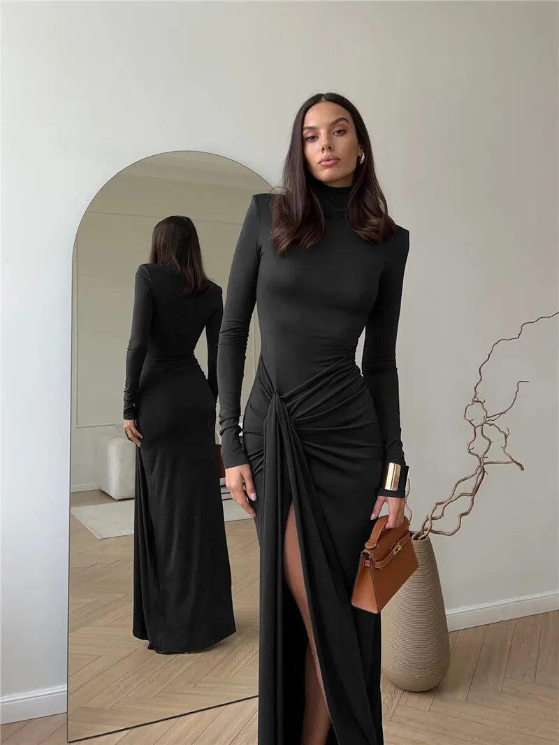 Turtleneck Thigh High Split Sexy Maxi Dress For Women Fashion Long Sleeve Draped Bandage