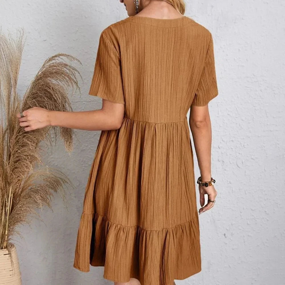 Women Summer Peplum Dresses V-Neck Short Sleeve Loose Waist Ruffle Fit Flare