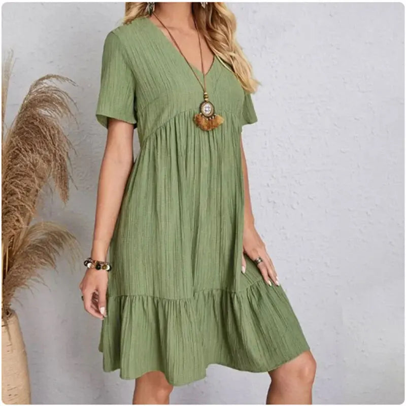 Women Summer Peplum Dresses V-Neck Short Sleeve Loose Waist Ruffle Fit Flare