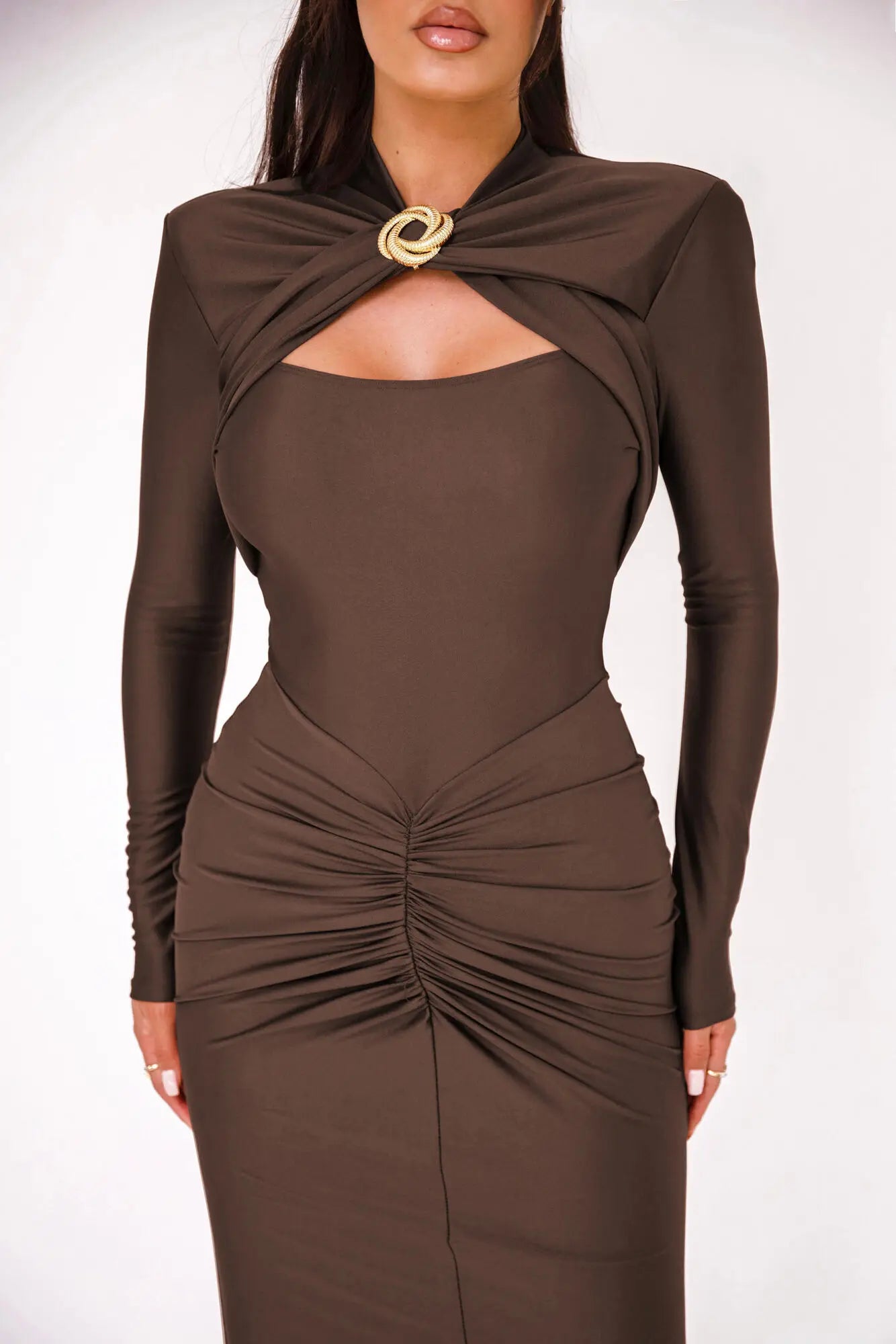 Articat Elegant Long Sleeved Elastic Tight Long Dress Pleated Hollowed Out Slim Vestido