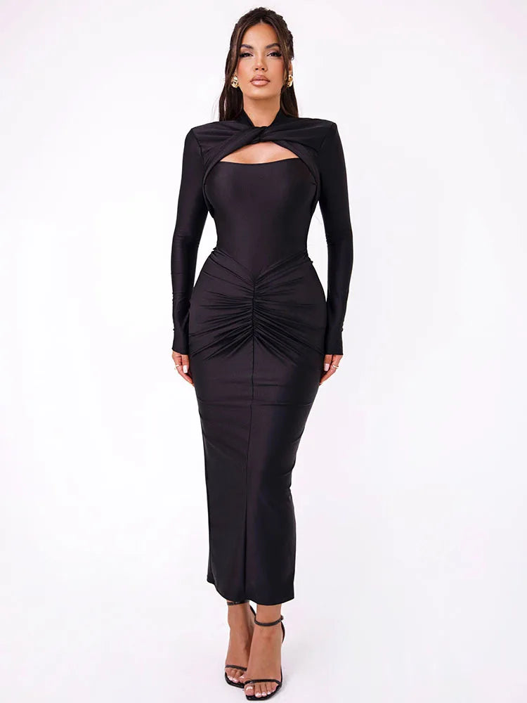 Articat Elegant Long Sleeved Elastic Tight Long Dress Pleated Hollowed Out Slim Vestido