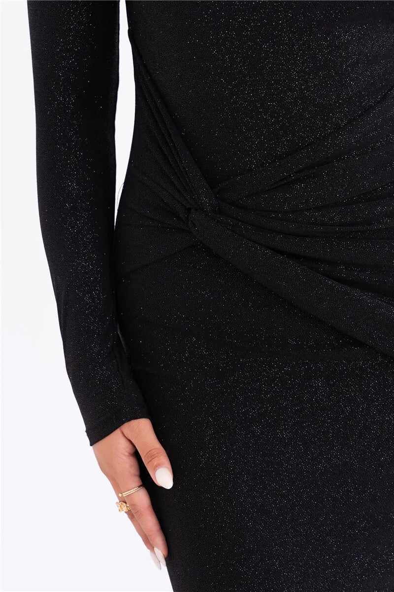 Sparkle Long Sleeve Sexy Maxi Dress For Women Inclined Shoulder Backless Bodycon Ruched Club Party Sexy Long Dress