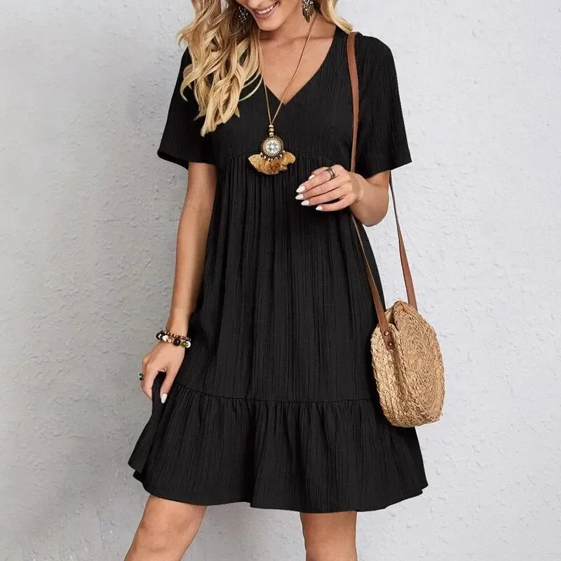 Women Summer Peplum Dresses V-Neck Short Sleeve Loose Waist Ruffle Fit Flare