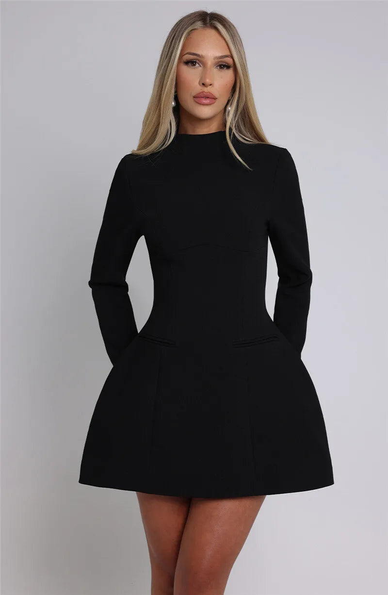 Mozision Long Sleeve Backless Sexy Mini Dress For Women O Neck High Waist A-line