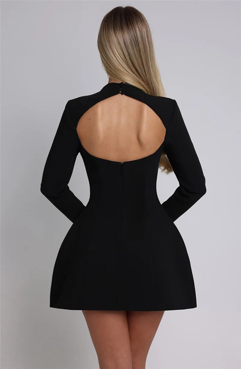 Mozision Long Sleeve Backless Sexy Mini Dress For Women O Neck High Waist A-line