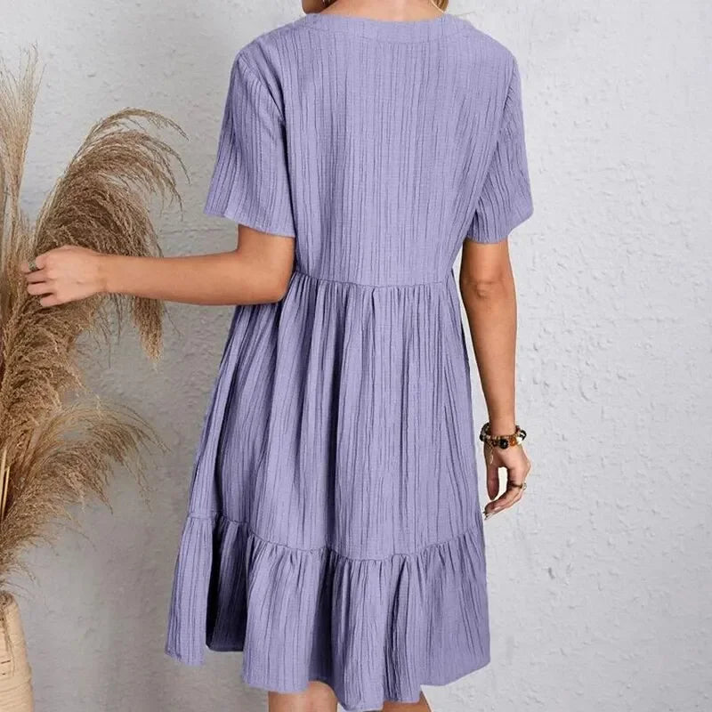 Women Summer Peplum Dresses V-Neck Short Sleeve Loose Waist Ruffle Fit Flare