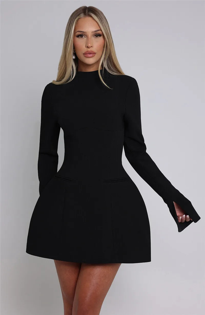 Mozision Long Sleeve Backless Sexy Mini Dress For Women O Neck High Waist A-line