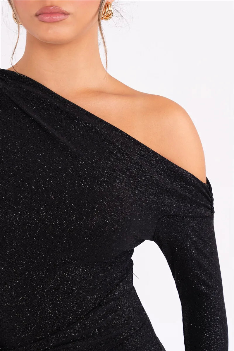 Sparkle Long Sleeve Sexy Maxi Dress For Women Inclined Shoulder Backless Bodycon Ruched Club Party Sexy Long Dress
