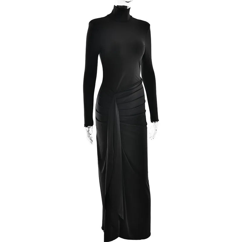 Turtleneck Thigh High Split Sexy Maxi Dress For Women Fashion Long Sleeve Draped Bandage