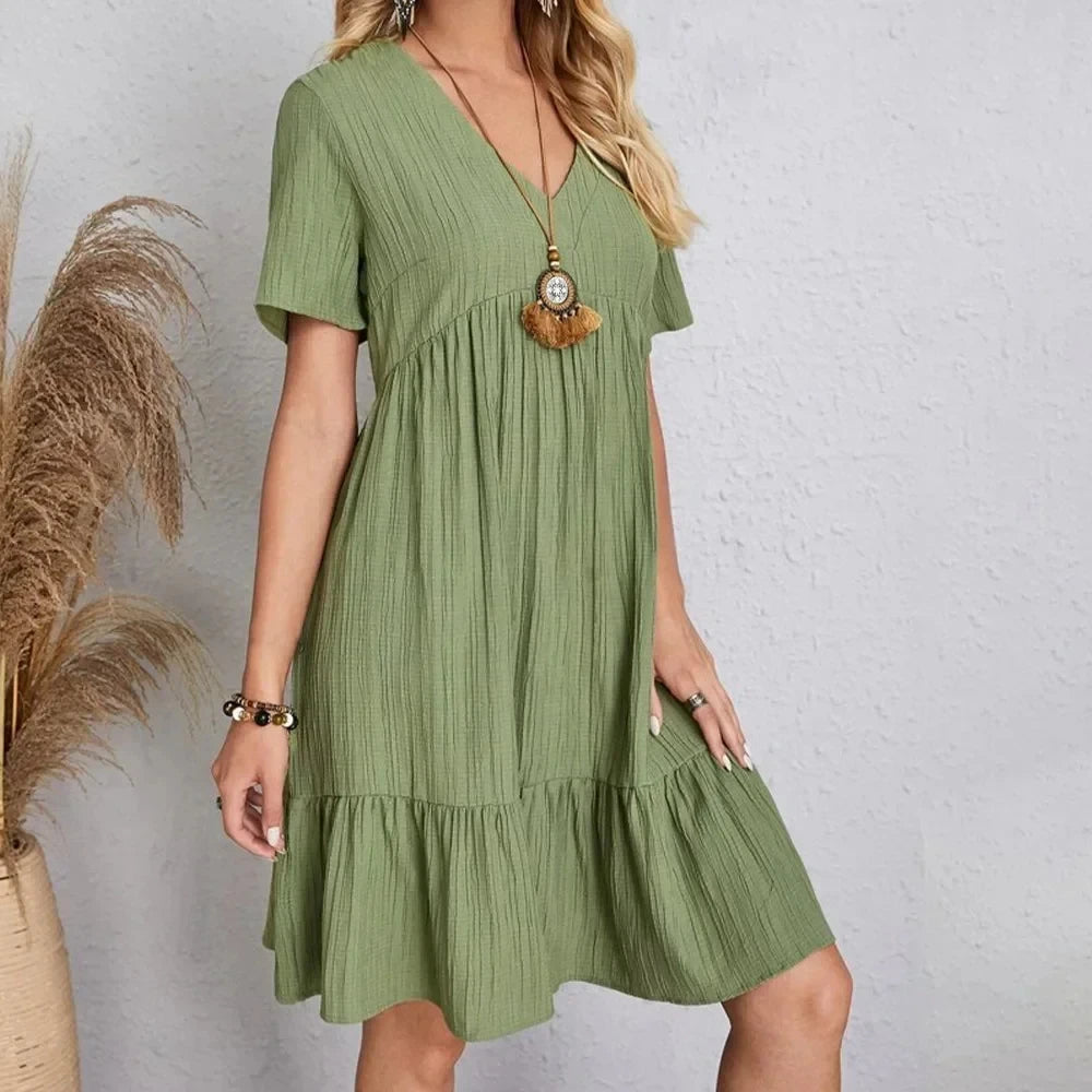 Women Summer Peplum Dresses V-Neck Short Sleeve Loose Waist Ruffle Fit Flare