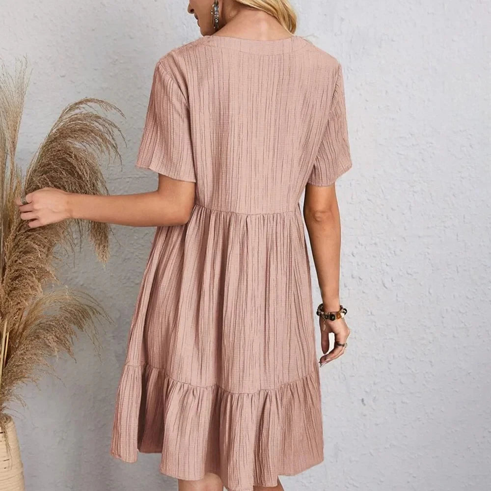 Women Summer Peplum Dresses V-Neck Short Sleeve Loose Waist Ruffle Fit Flare