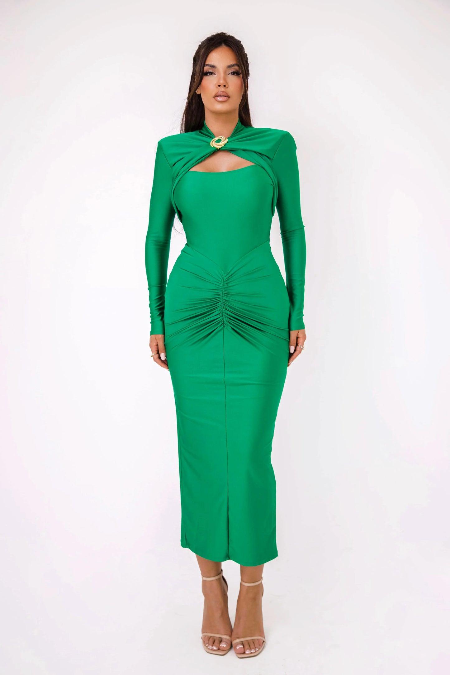 Articat Elegant Long Sleeved Elastic Tight Long Dress Pleated Hollowed Out Slim Vestido