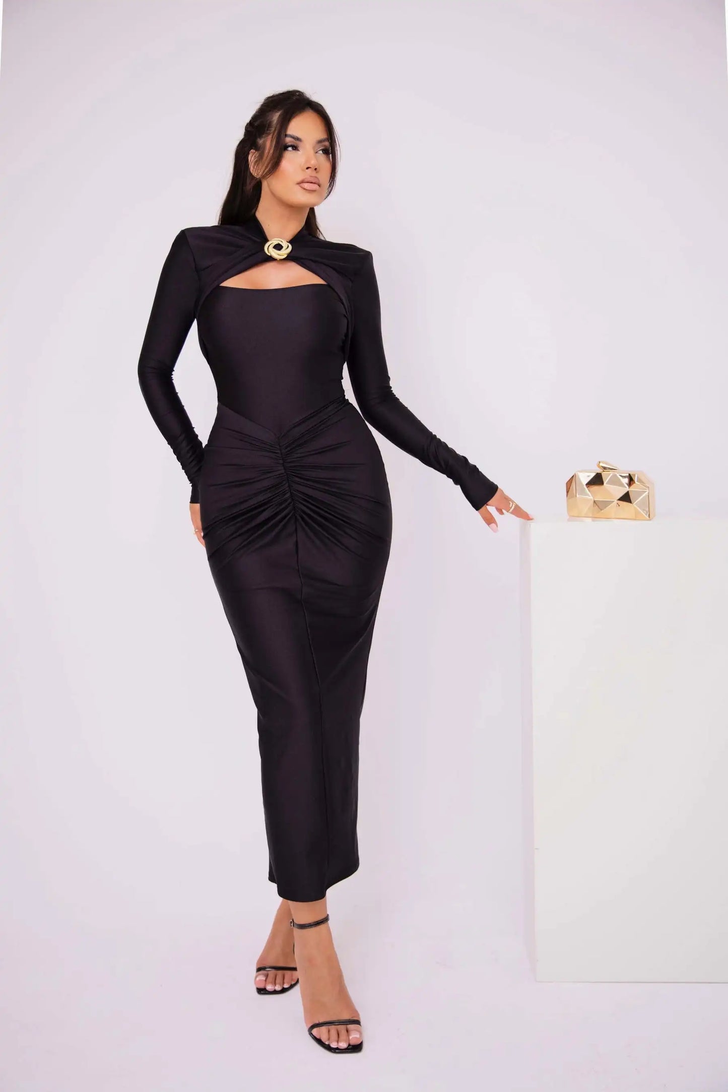 Articat Elegant Long Sleeved Elastic Tight Long Dress Pleated Hollowed Out Slim Vestido