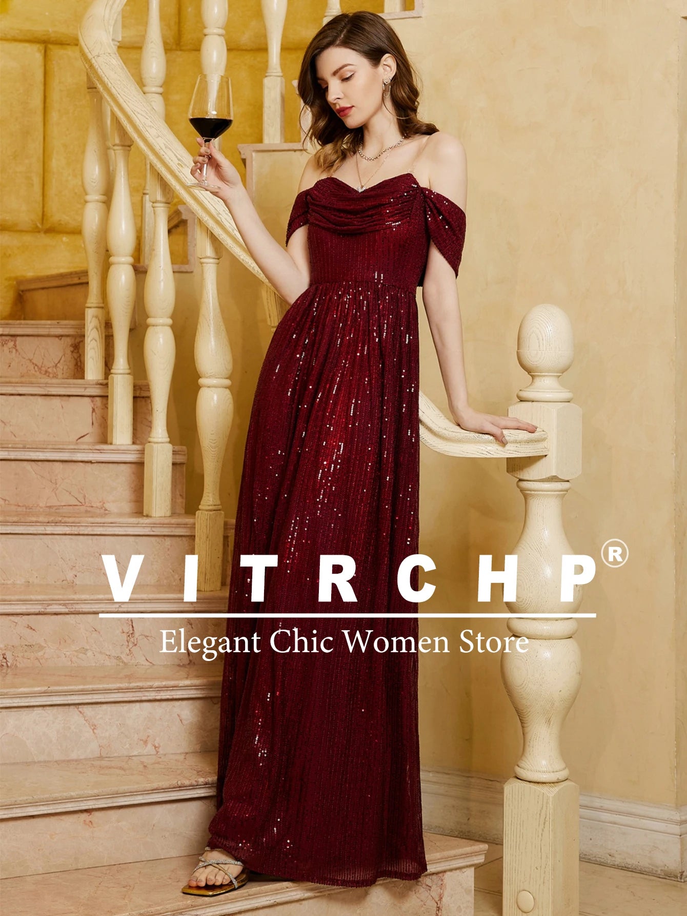 VITRCHP Luxury Evening Dress A-Line Floor Length Backless Split Sequins Long Prom Cocktail Dress