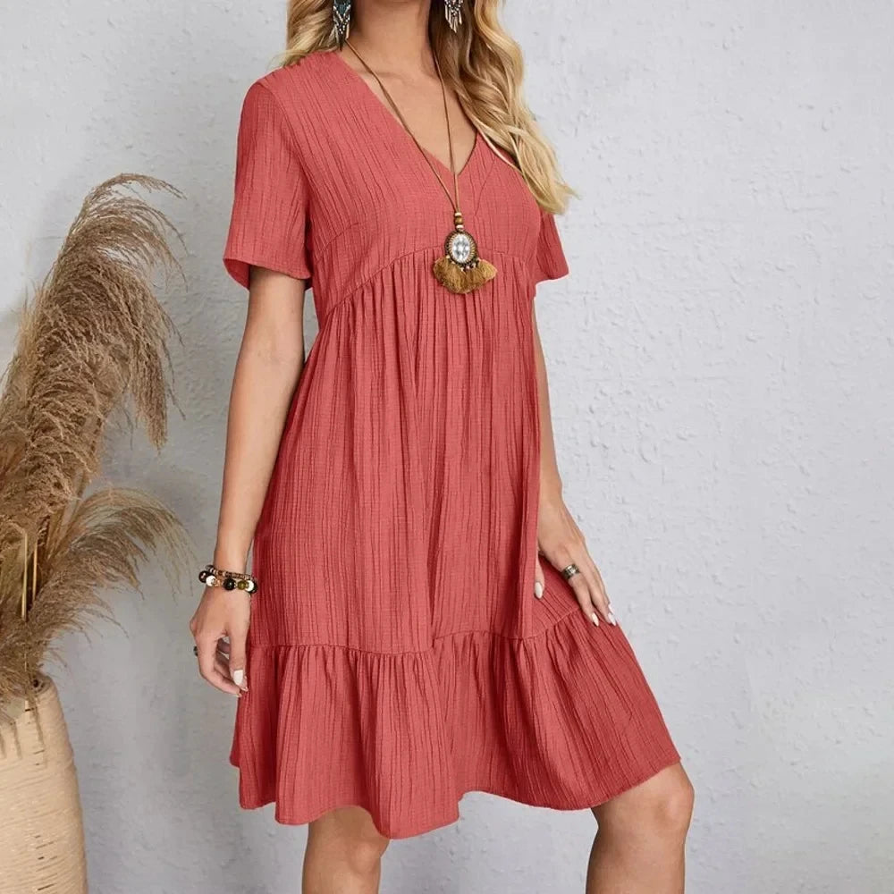 Women Summer Peplum Dresses V-Neck Short Sleeve Loose Waist Ruffle Fit Flare
