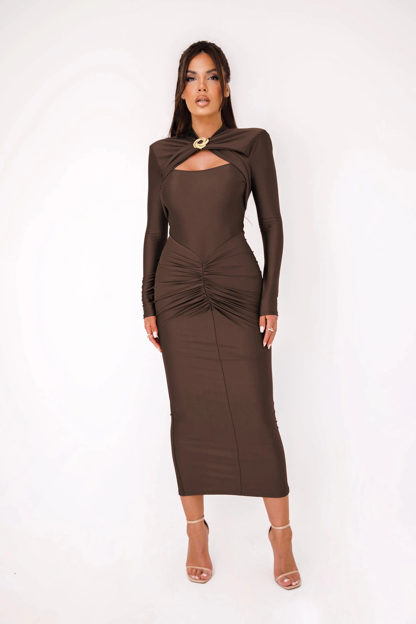 Articat Elegant Long Sleeved Elastic Tight Long Dress Pleated Hollowed Out Slim Vestido