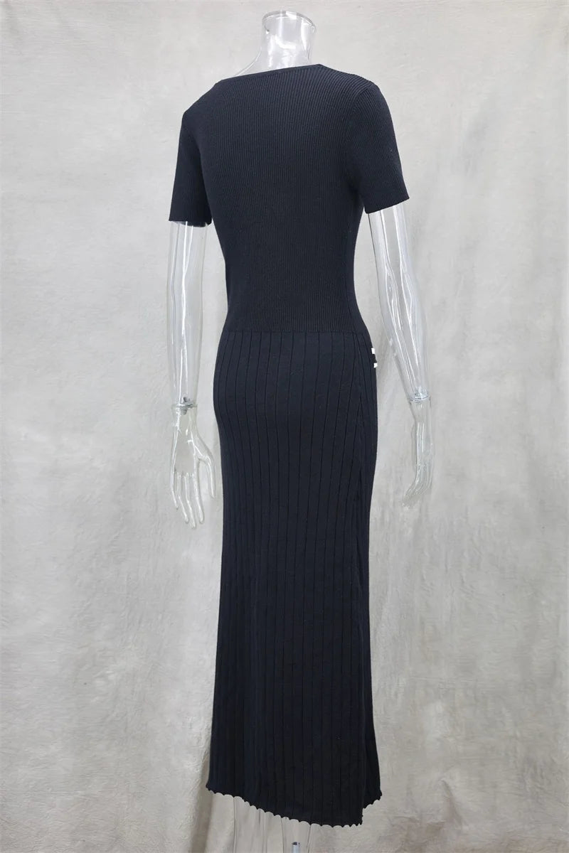 Office Lady Elegant Knitted Long Dress Summer Short Sleelve V Neck Single Breasted Bodycon Dresses Women Party Fashion Vestidos