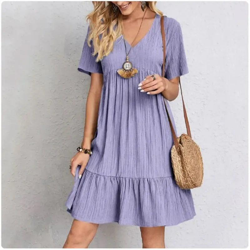 Women Summer Peplum Dresses V-Neck Short Sleeve Loose Waist Ruffle Fit Flare