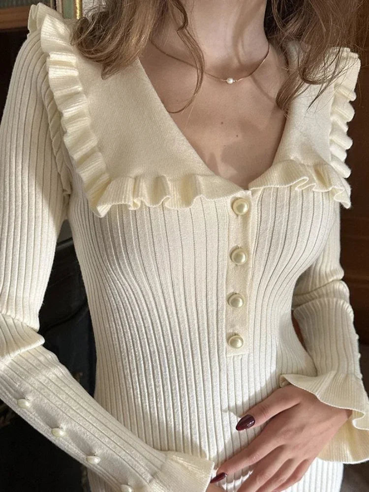 High Waist Ruffled Maxi Dresses For Women Knitted Slim Long Dress Women's Vintage Dress