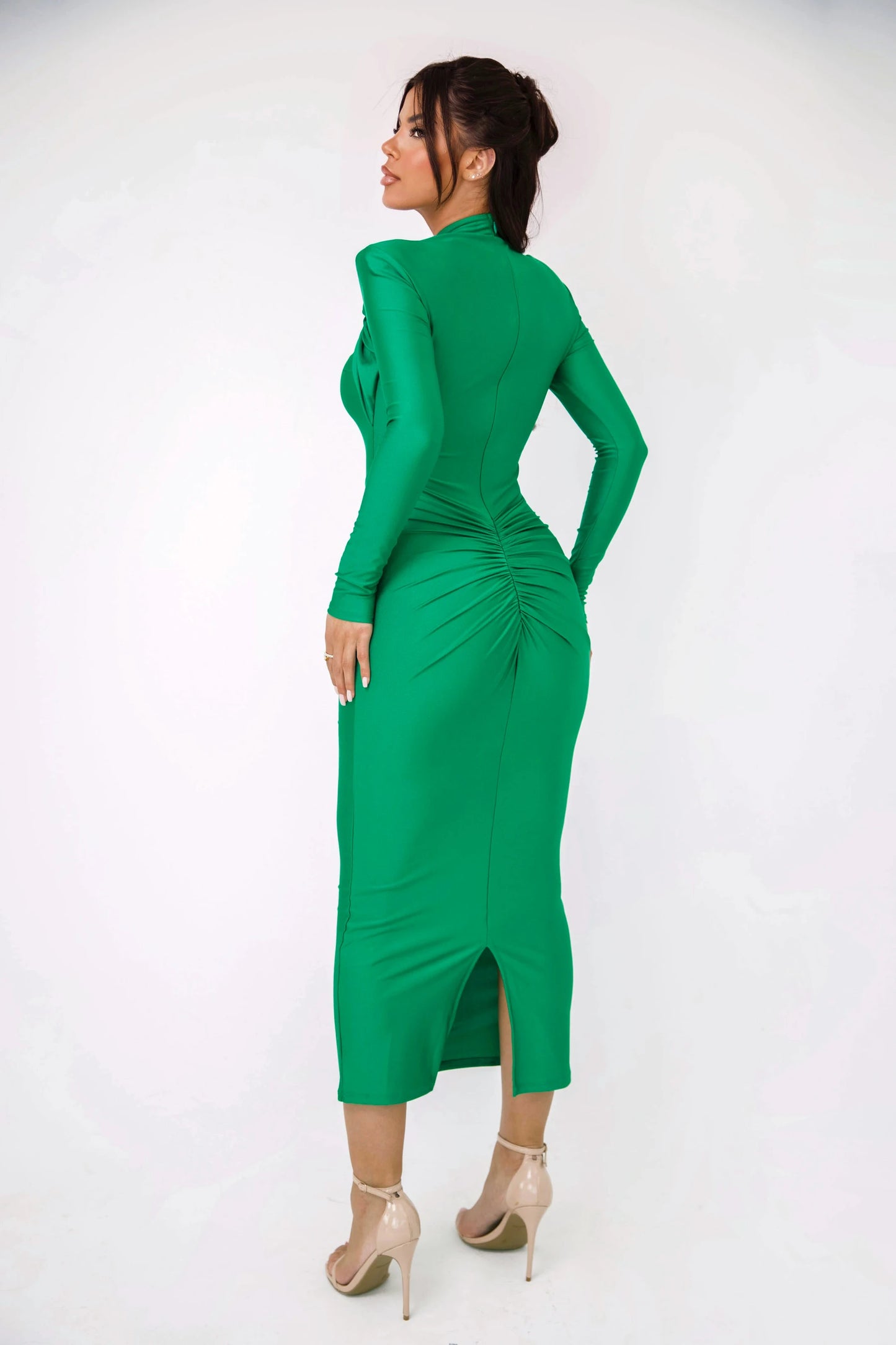 Articat Elegant Long Sleeved Elastic Tight Long Dress Pleated Hollowed Out Slim Vestido