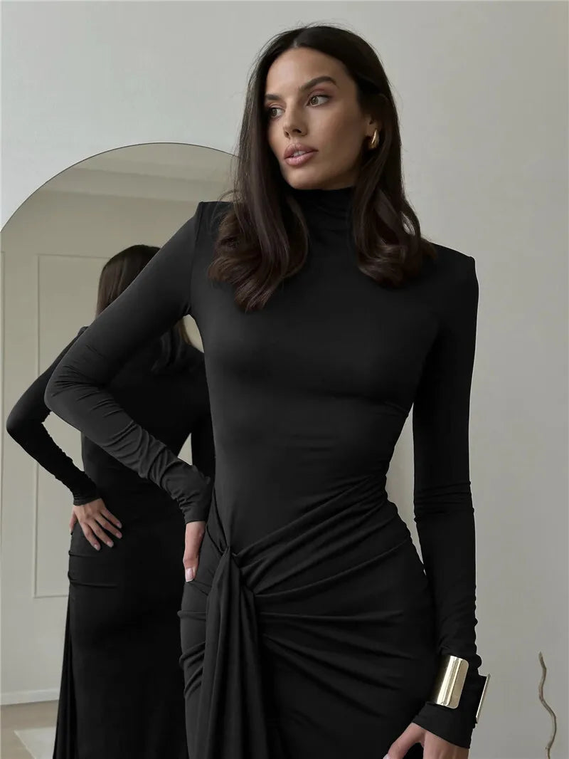 Turtleneck Thigh High Split Sexy Maxi Dress For Women Fashion Long Sleeve Draped Bandage