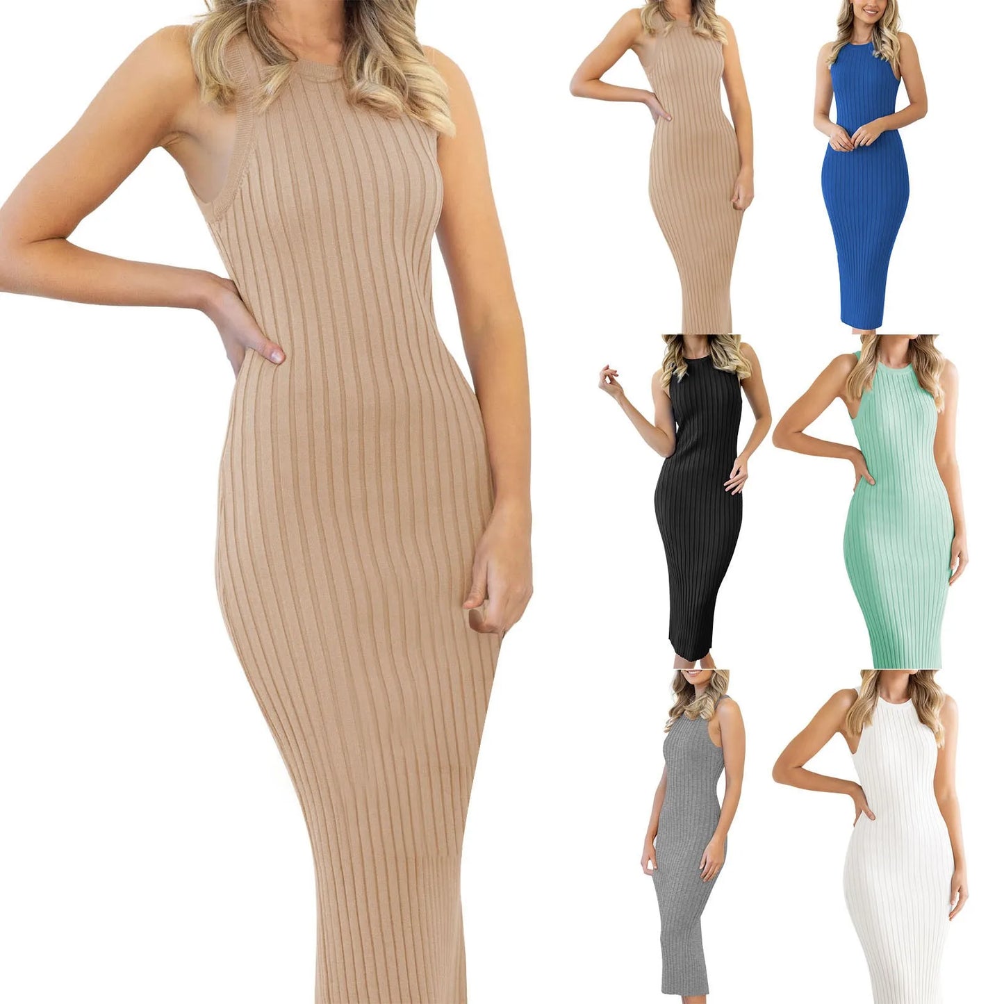 Women's Leisure Sleeveless Round Neck Split Rib Tight Wrap Hip Elegant Dress