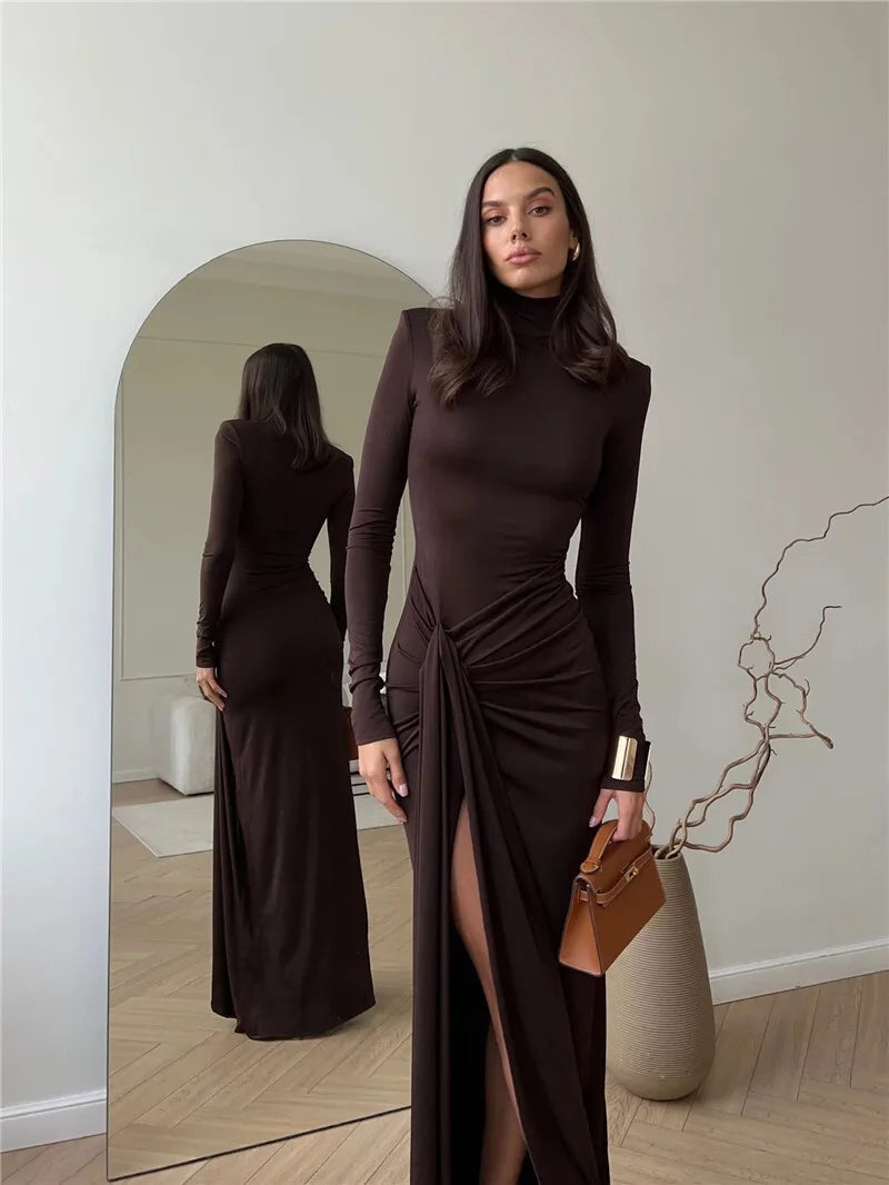 Turtleneck Thigh High Split Sexy Maxi Dress For Women Fashion Long Sleeve Draped Bandage