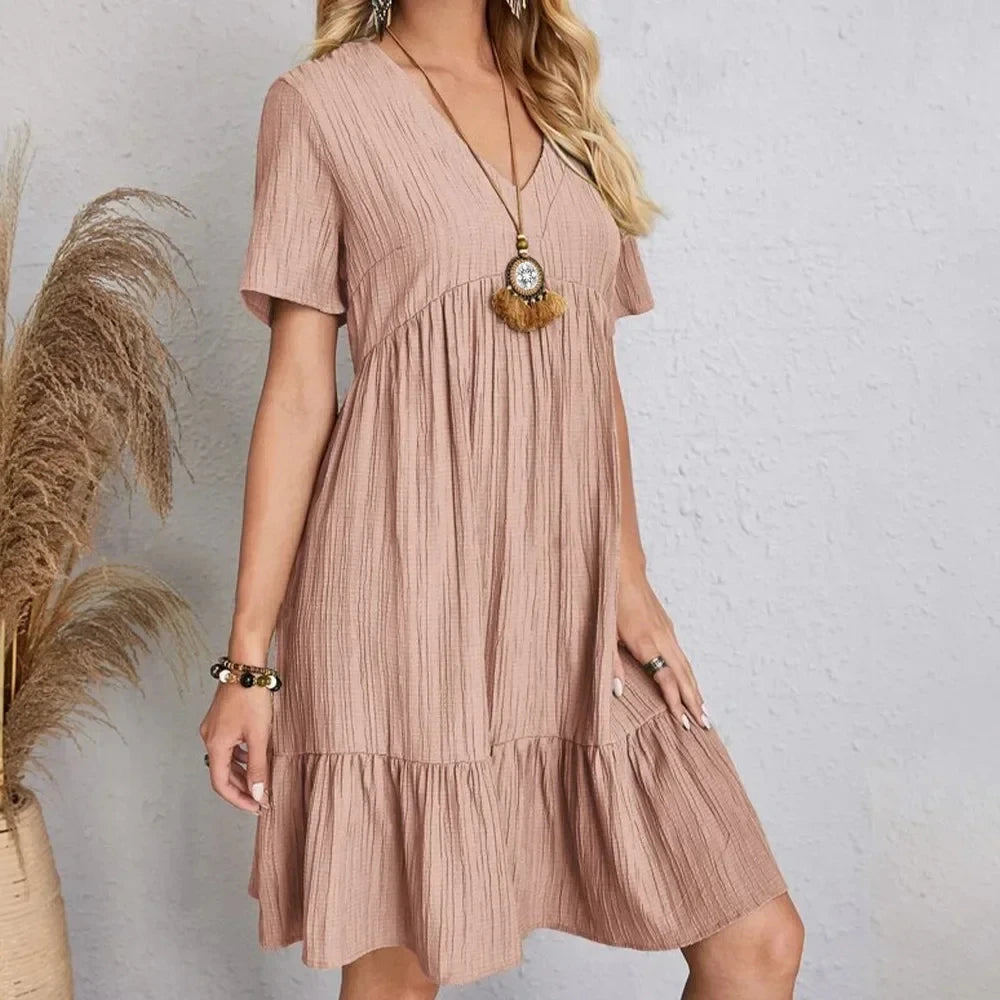 Women Summer Peplum Dresses V-Neck Short Sleeve Loose Waist Ruffle Fit Flare