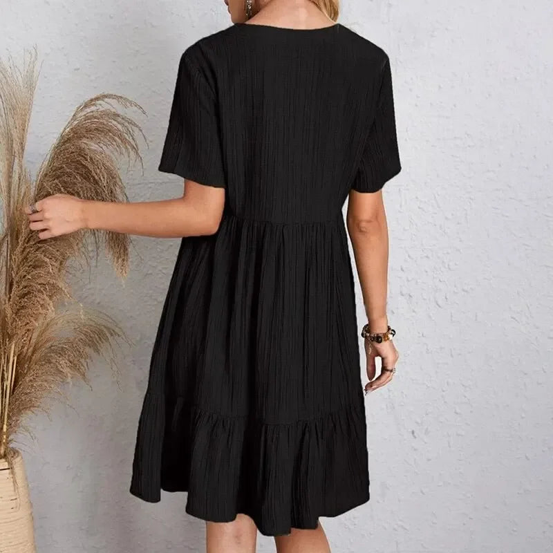 Women Summer Peplum Dresses V-Neck Short Sleeve Loose Waist Ruffle Fit Flare