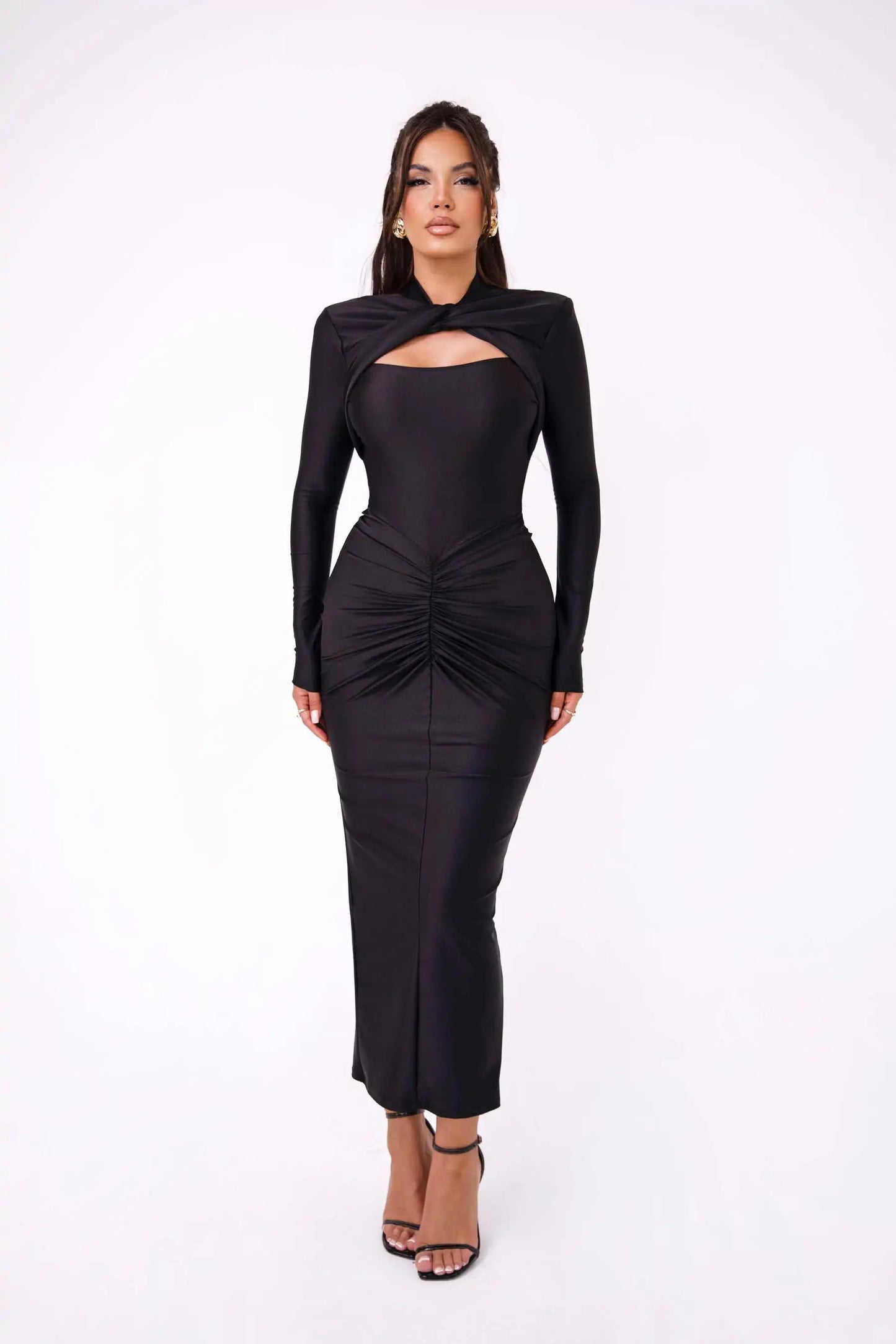 Articat Elegant Long Sleeved Elastic Tight Long Dress Pleated Hollowed Out Slim Vestido