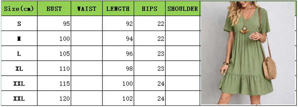 Women Summer Peplum Dresses V-Neck Short Sleeve Loose Waist Ruffle Fit Flare