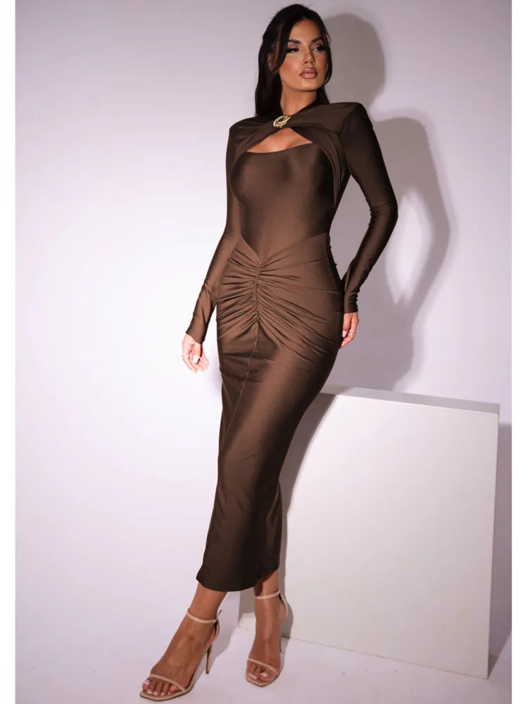 Articat Elegant Long Sleeved Elastic Tight Long Dress Pleated Hollowed Out Slim Vestido
