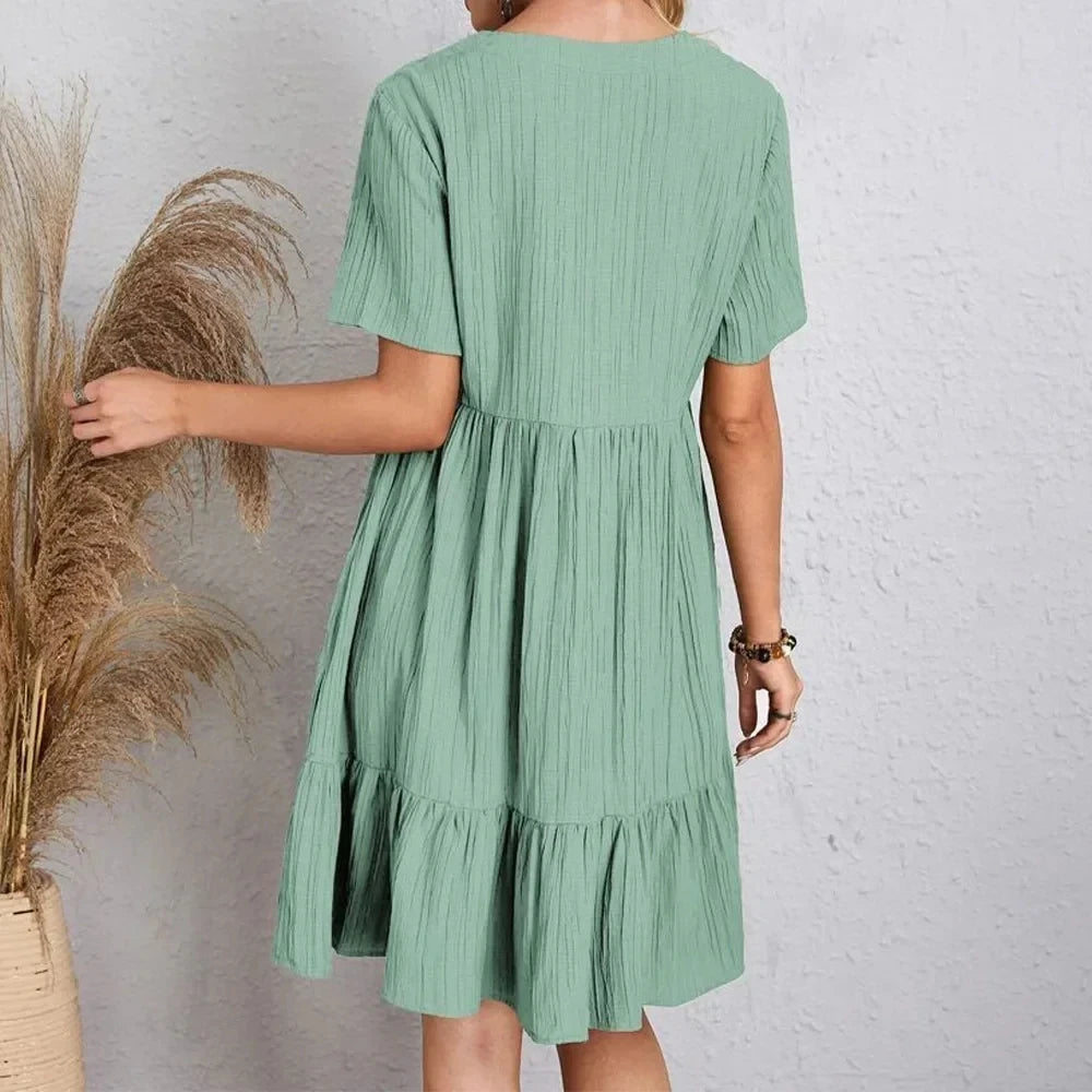 Women Summer Peplum Dresses V-Neck Short Sleeve Loose Waist Ruffle Fit Flare