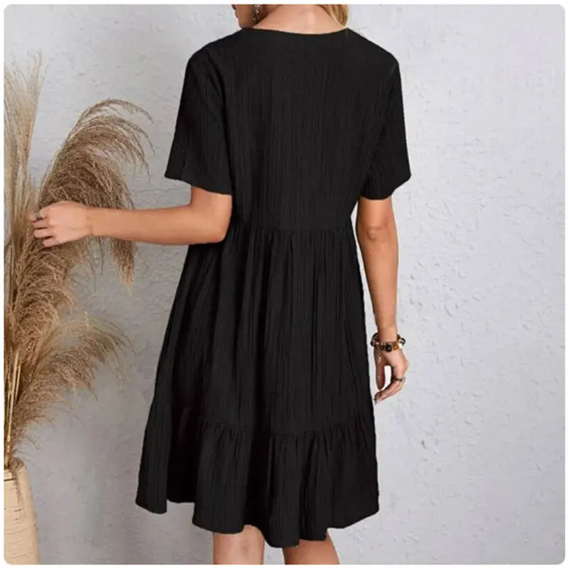 Women Summer Peplum Dresses V-Neck Short Sleeve Loose Waist Ruffle Fit Flare