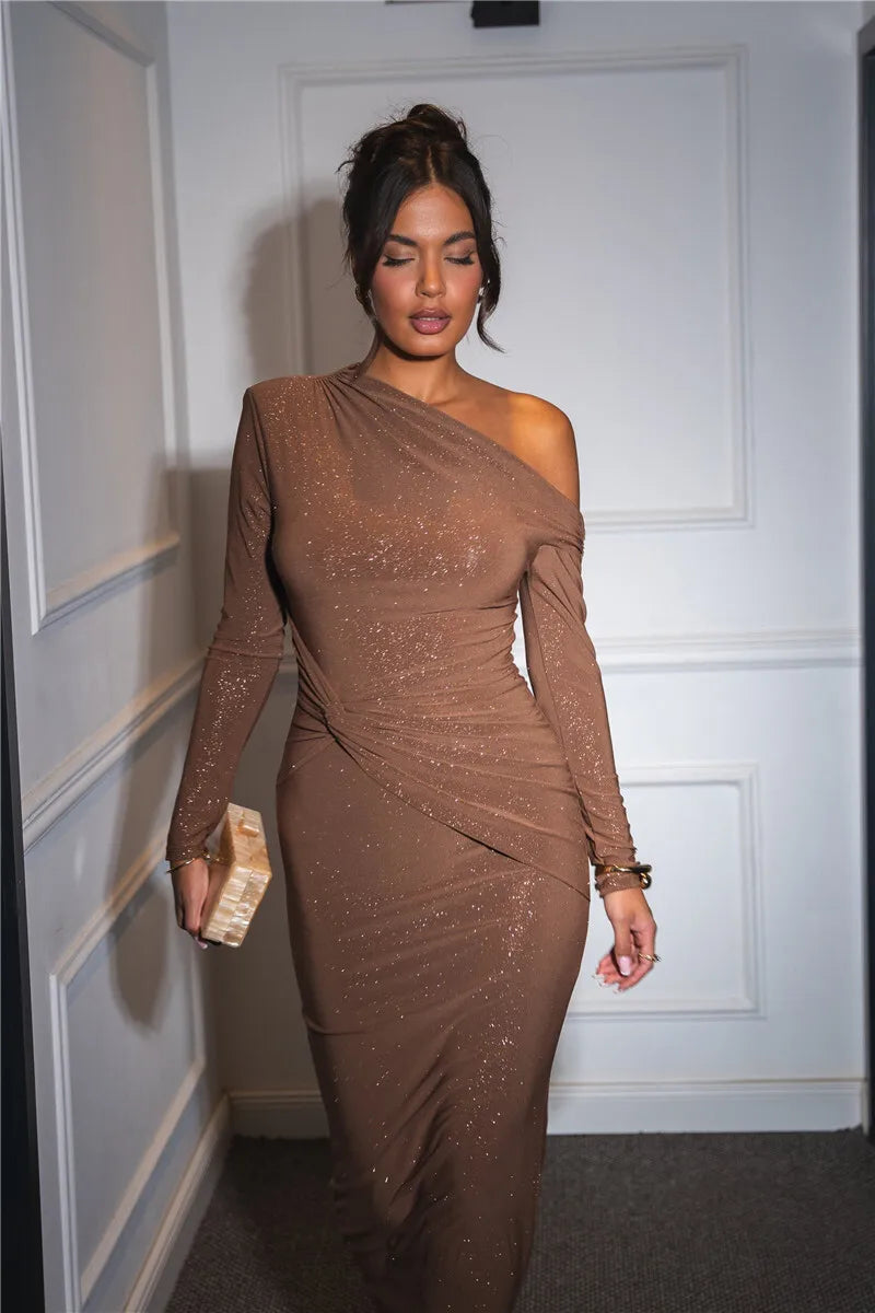 Sparkle Long Sleeve Sexy Maxi Dress For Women Inclined Shoulder Backless Bodycon Ruched Club Party Sexy Long Dress